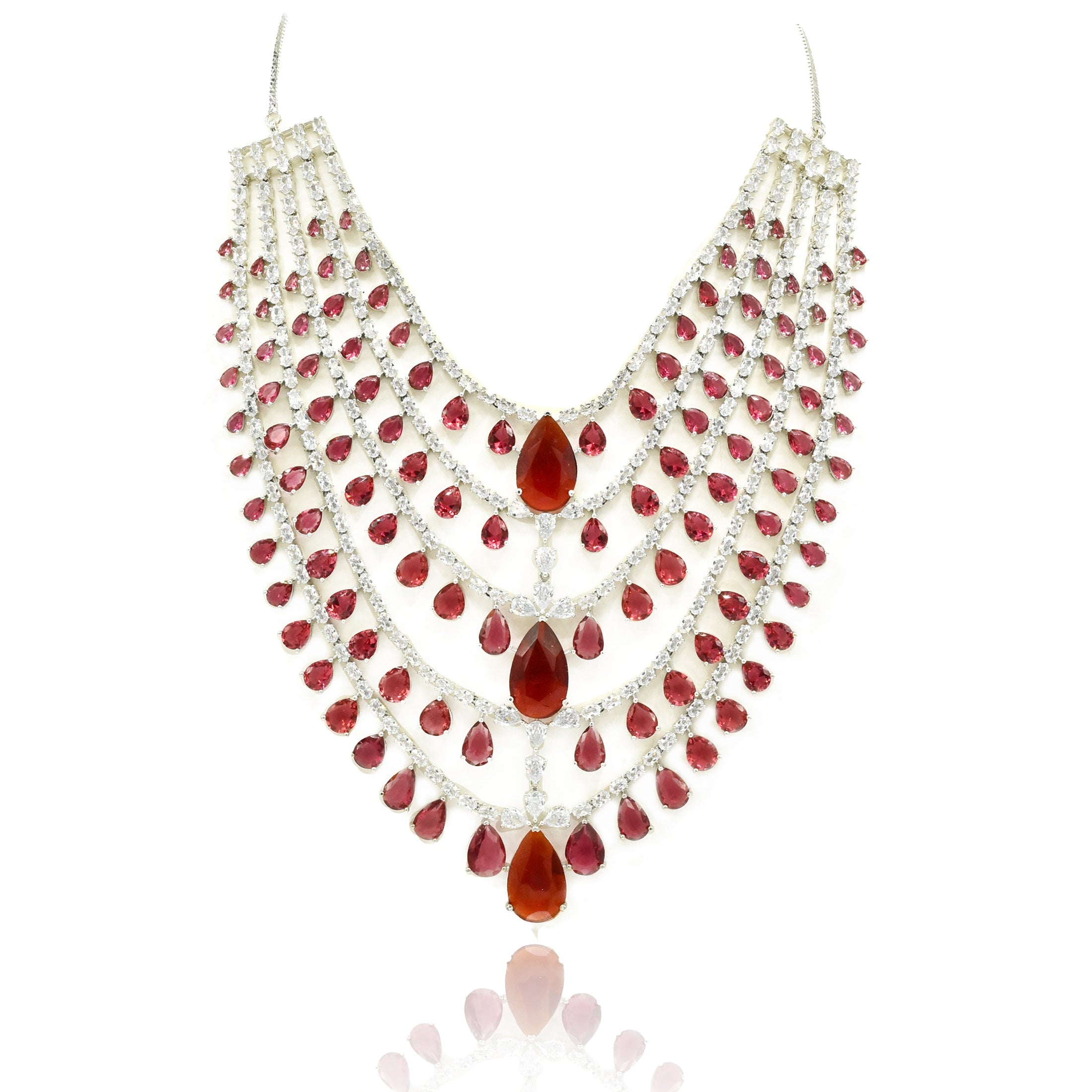 Zunaira American Diamond Layered Ruby Red Statement Necklace - The pashm