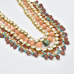 Iszrina Multicolor Kundan Necklace Set Orange Peach- The Pashm