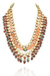 Iszrina Multicolor Kundan Necklace Set Orange Peach- The Pashm