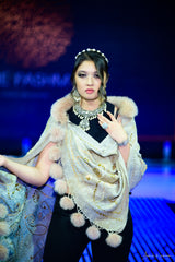 Beige Boiled Wool Faux Fur Pompom Shawl - The Pashm