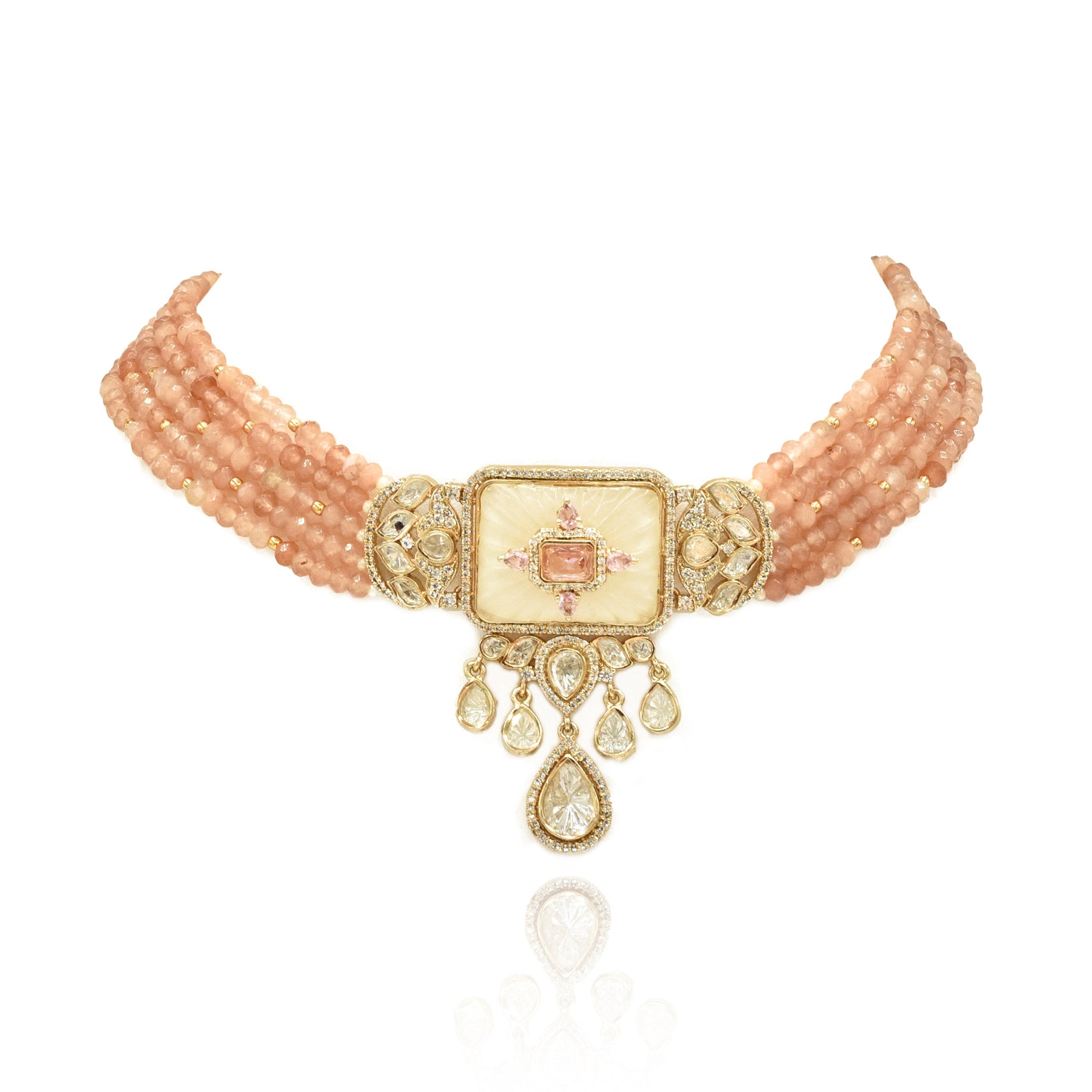 Siya Peach Beaded Carved Cabochon Polki Choker - The pashm
