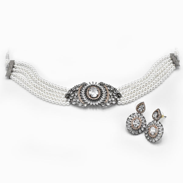 Aura American Diamond Choker Set Pearl - The Pashm