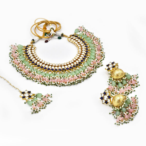 Paavi Kundan Blush Mint Drops Necklace - The Pashm