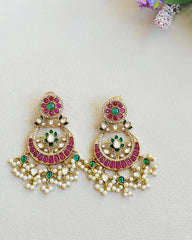 Malini Pachi Kundan Chandbali Earrings with Pearl Drops Pink - The Pashm
