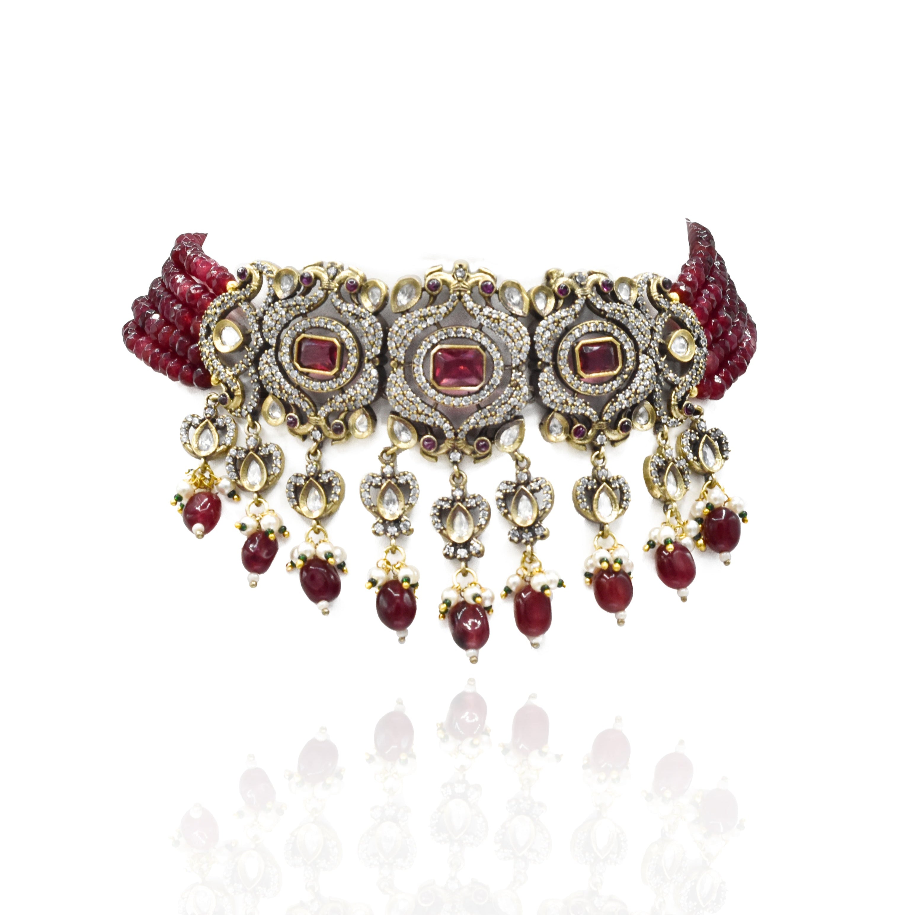 Ragini Antique Peacock Red Beaded Choker - The Pashm