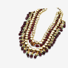 Iszrina Multicolor Kundan Necklace Set Red Maroon- The Pashm