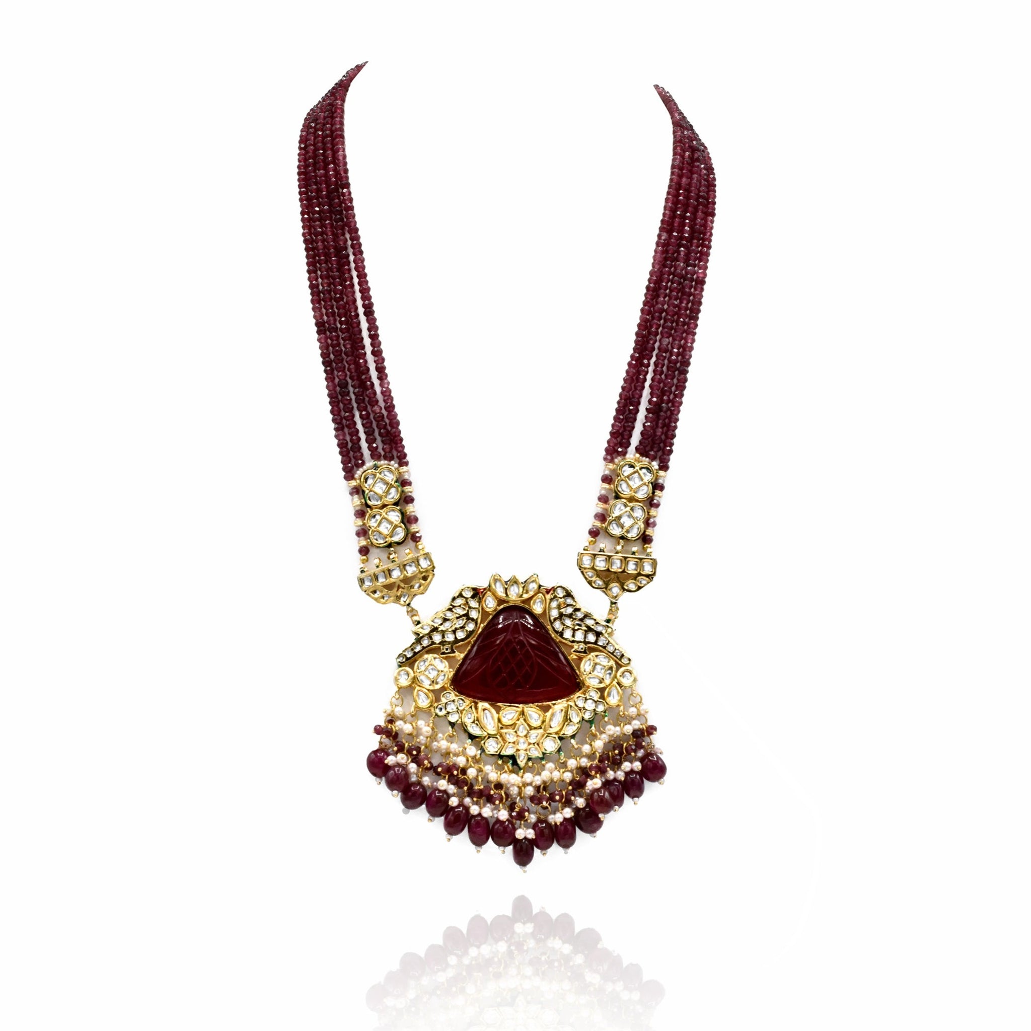 Tanzima Red Kundan Carved Stone Necklace Set - The Pashm