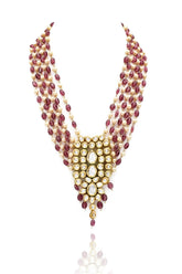 Rafia Kundan Tourmaline Necklace Set Red Pearl - The Pashm