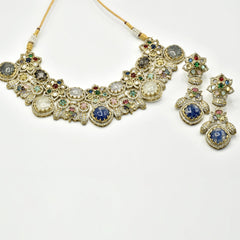 Jiya Jeweled Mosaic Blue Multicolor Necklace Set with Earrings - The Pashm