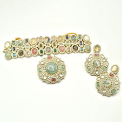 Tarisha Multicolor Cabochon Choker & Pendant Necklace Set with earrings - The pashm