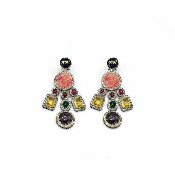 Sabya Studded Stone Earrings Coral Yellow Red - The Pashm