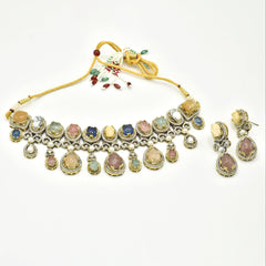 Rabani Pastel Multicolor Cabochon Choker with Earrings - The pashm