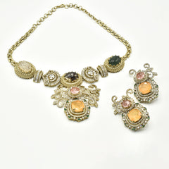 Chandrika Amber Garden Cabochon Statement Choker with earrings - The Pashm