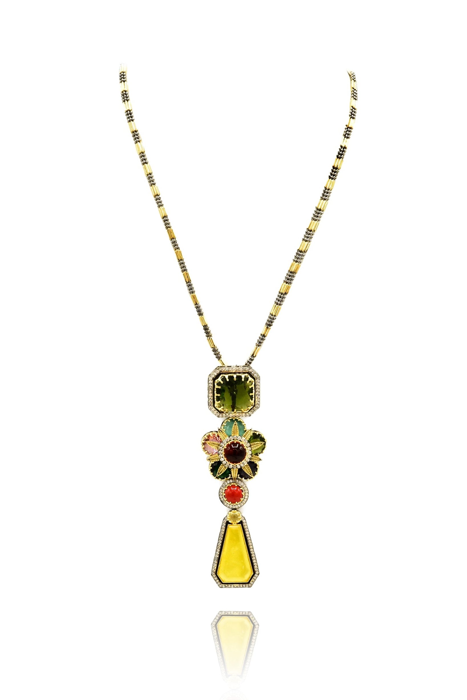 Ridda Multicolor Crystal Flower Pendant Set yellow - The Pashm