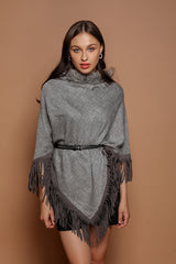 Patterned Suede Fringe Faux-Fur Poncho - The Pashm