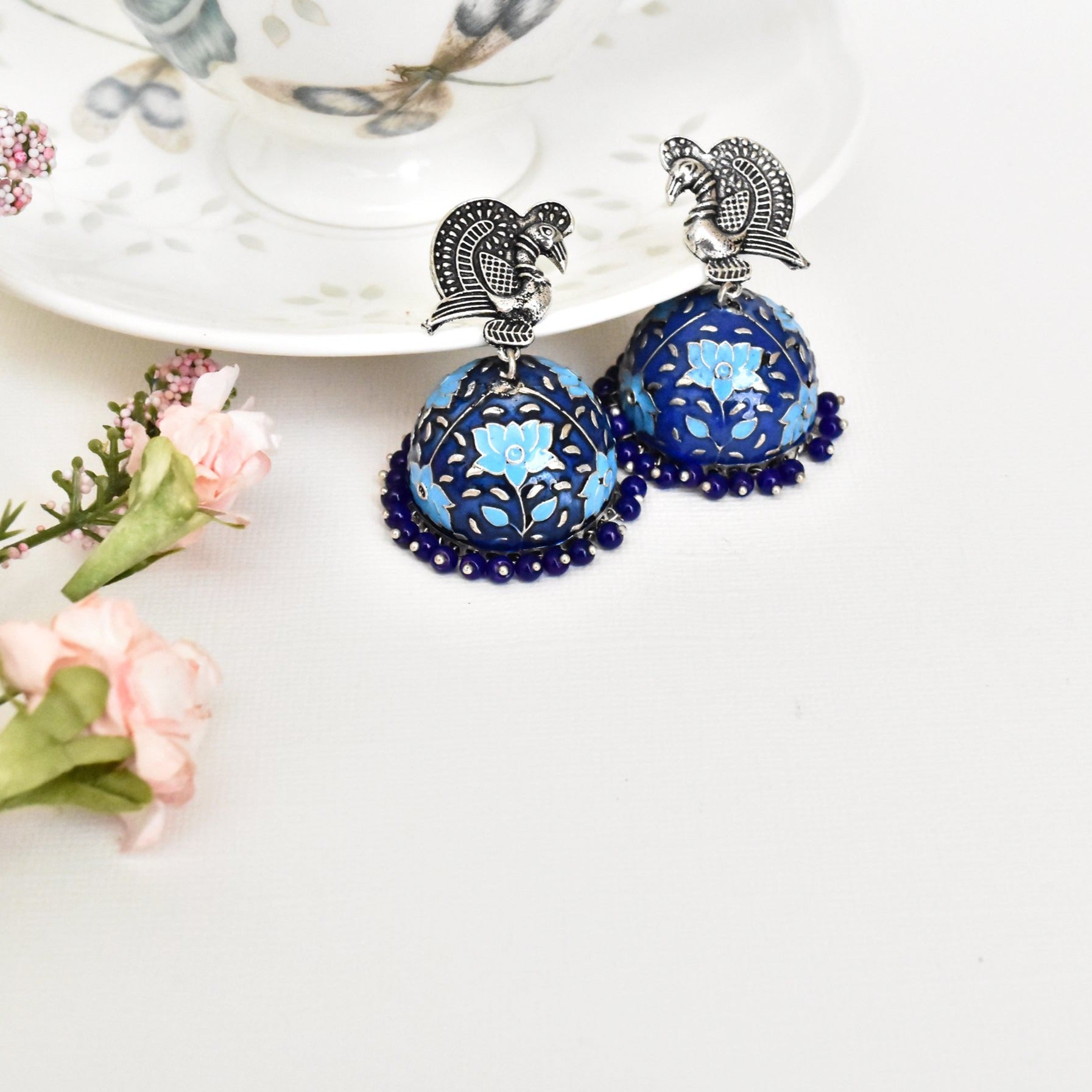 Mayuri Meenakari Lotus Earrings Blue - The pashm