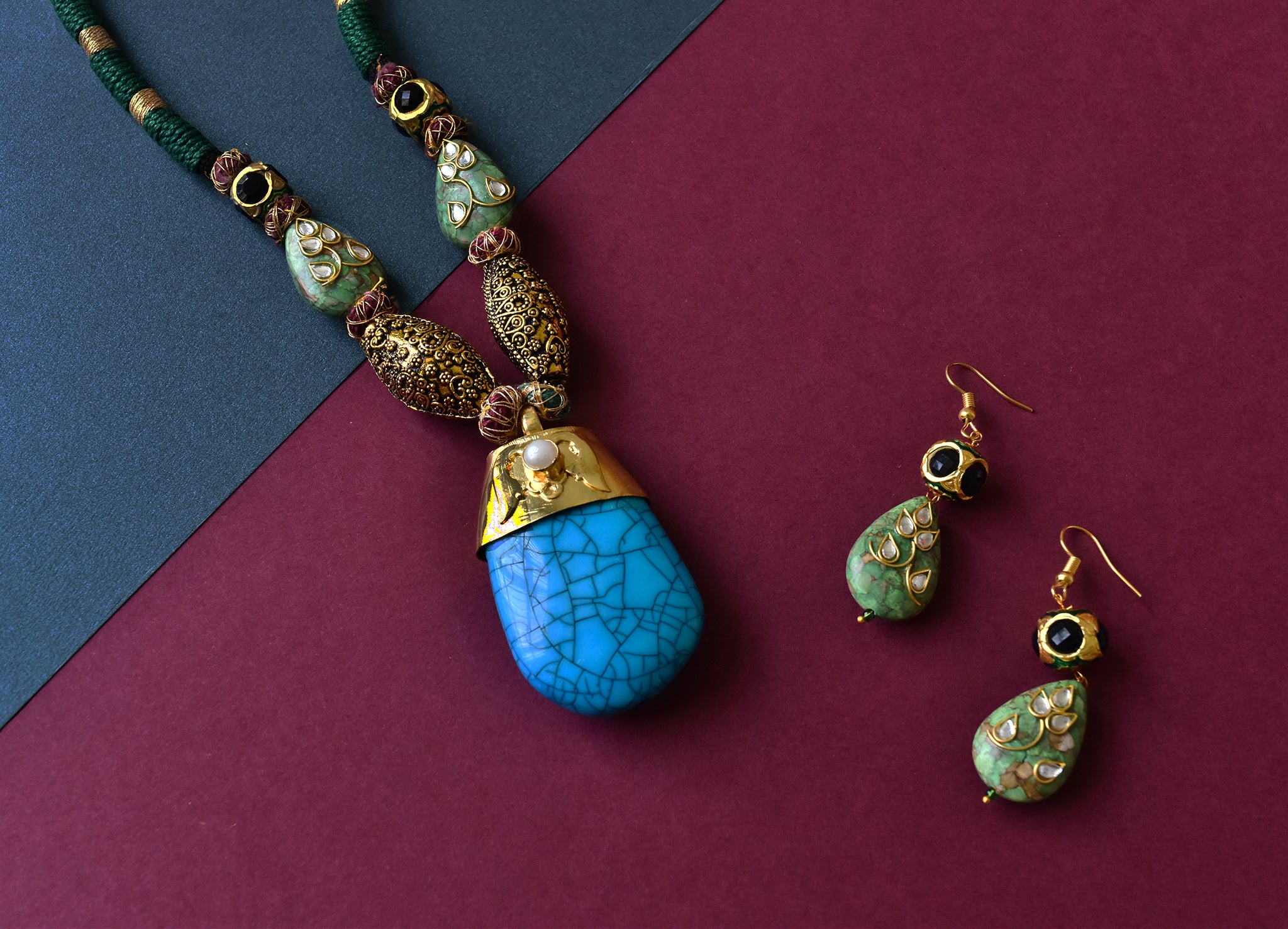 Turquoise Stone Green Sea Sediment Jasper Pendant Set - The Pashm