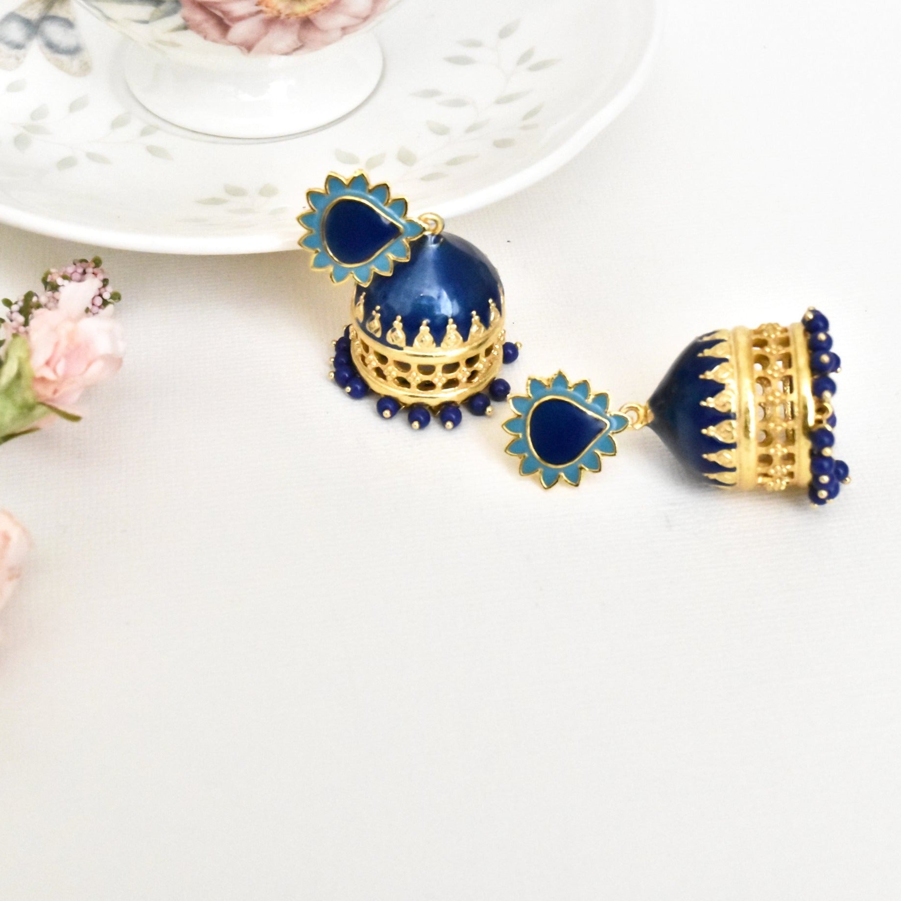 Temple Meenakari Earrings Blue -The Pashm