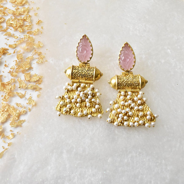 Ramya Carved Stones Pearl Earrings Pink - The Pashm