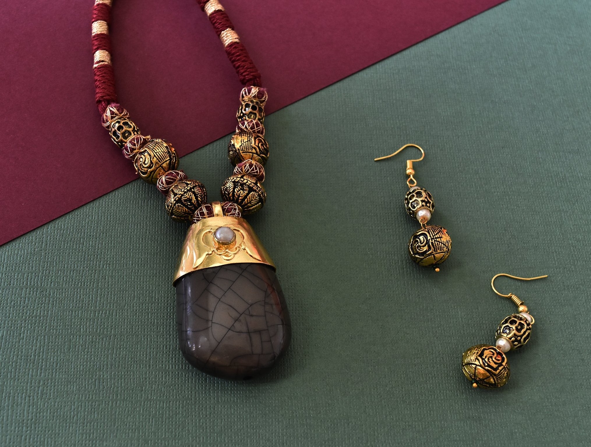 Natural Brown Stone Pendant Set - The Pashm