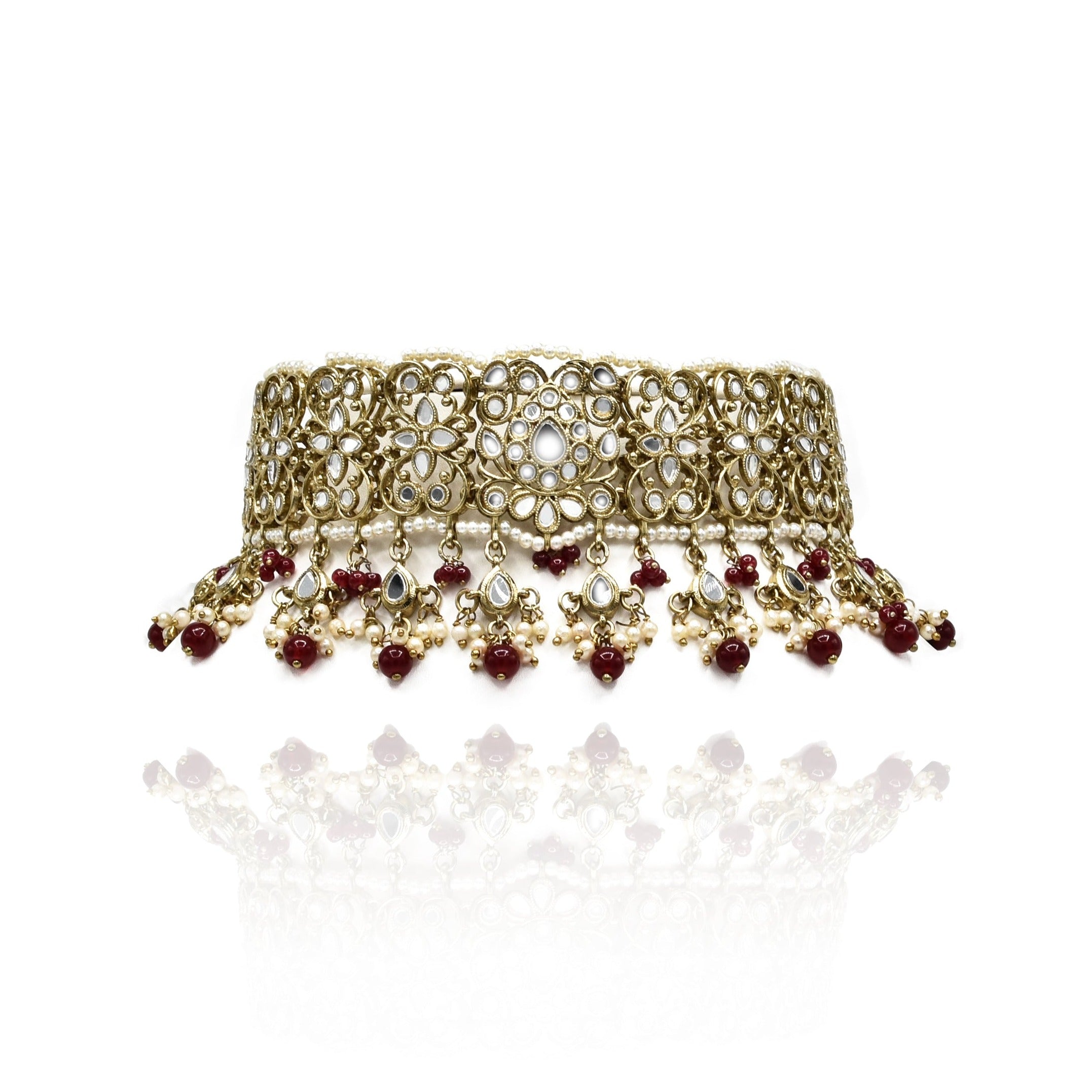 Samina Mirror Choker Set - Red - The Pashm