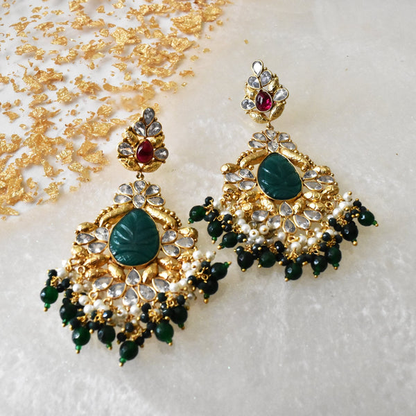 Shobana Jadau Carved Stone Earrings Green - The Pashm