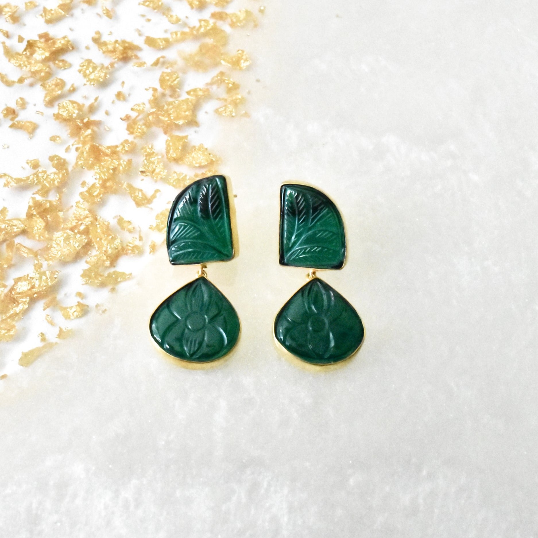 Raghvi Handmade Carved Stone Earrings Green - The Pashm