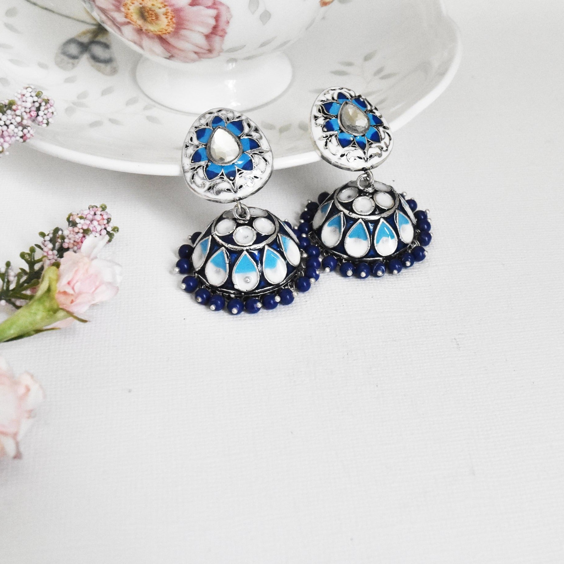 Pushpa Meenakari Earrings Blue White - The Pashm