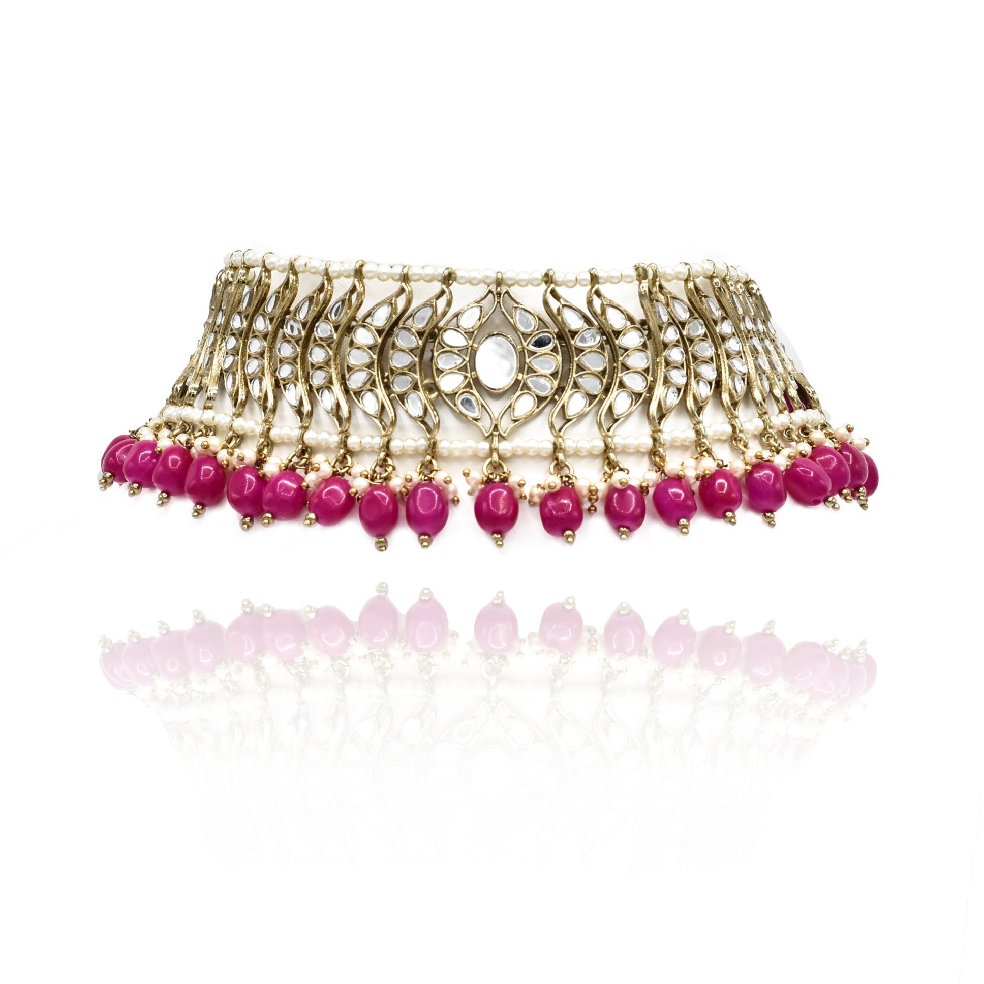 Zeynab Mirror Choker Set - Magenta Pink - The Pashm