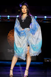 French Chantilly Lace Crystals Fine Wool Shawl - Blue - The Pashm