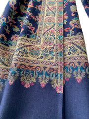 Pure Wool Colorful Kani Shawl Navy Blue - The Pashm