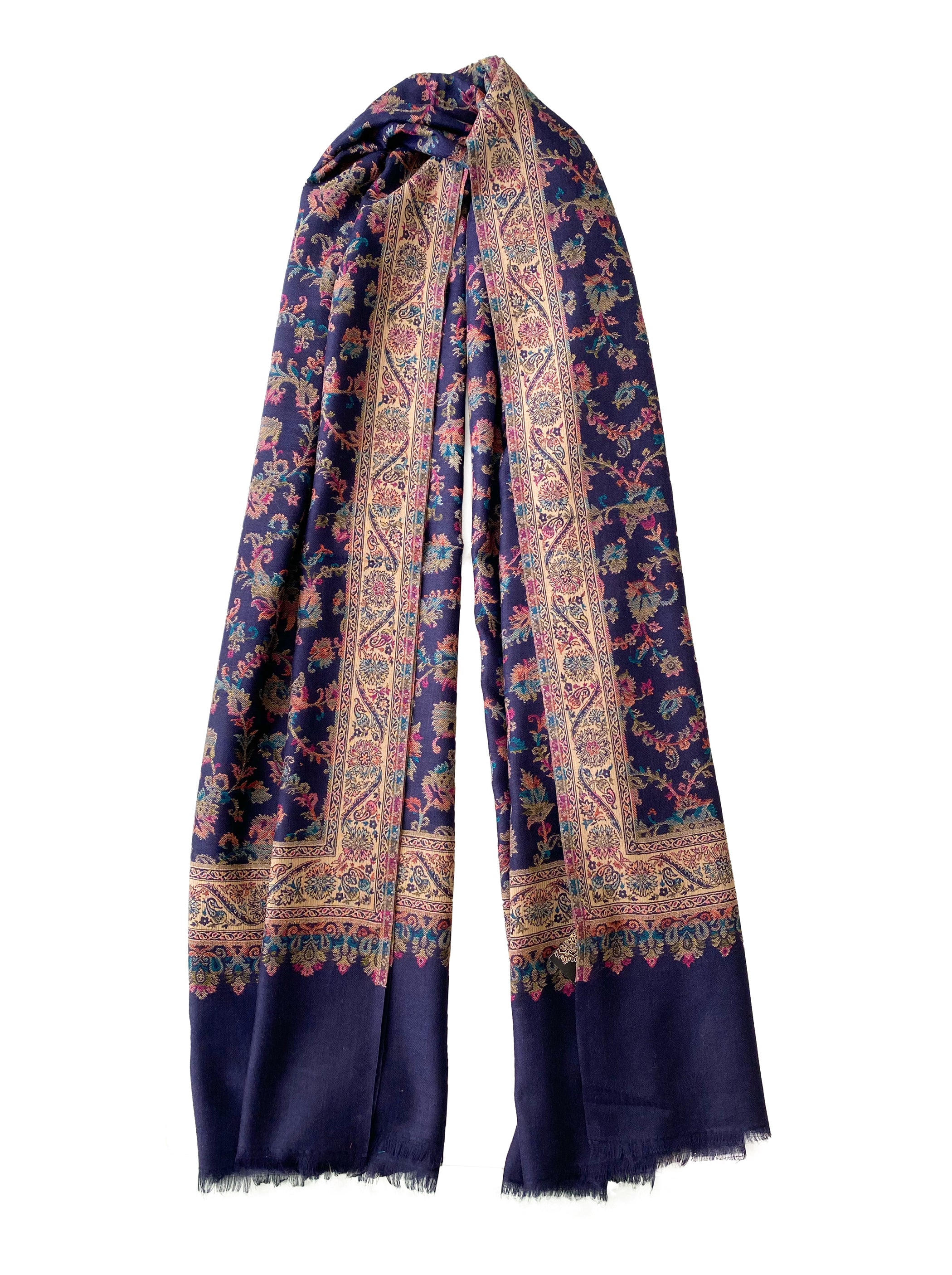 Pure Wool Colorful Kani Shawl Navy Blue - The Pashm