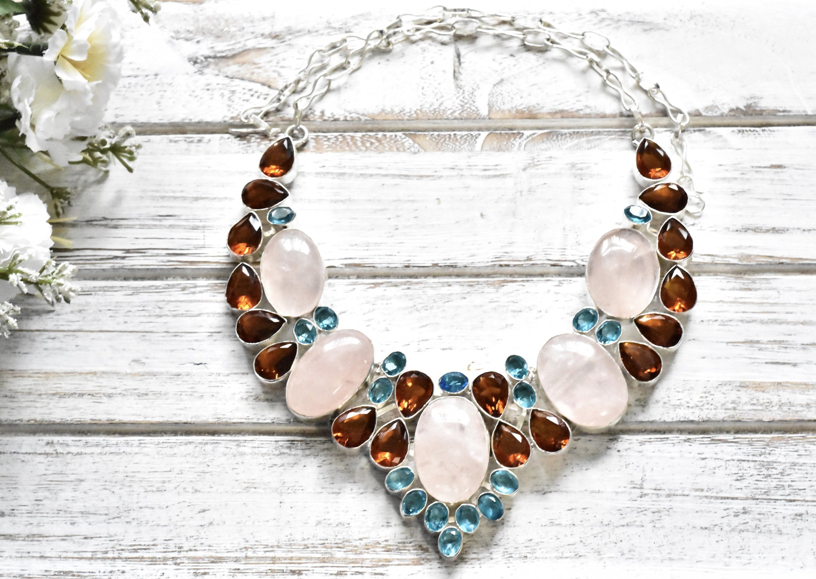 Rose Quartz Blue Topaz Necklace - The Pashm