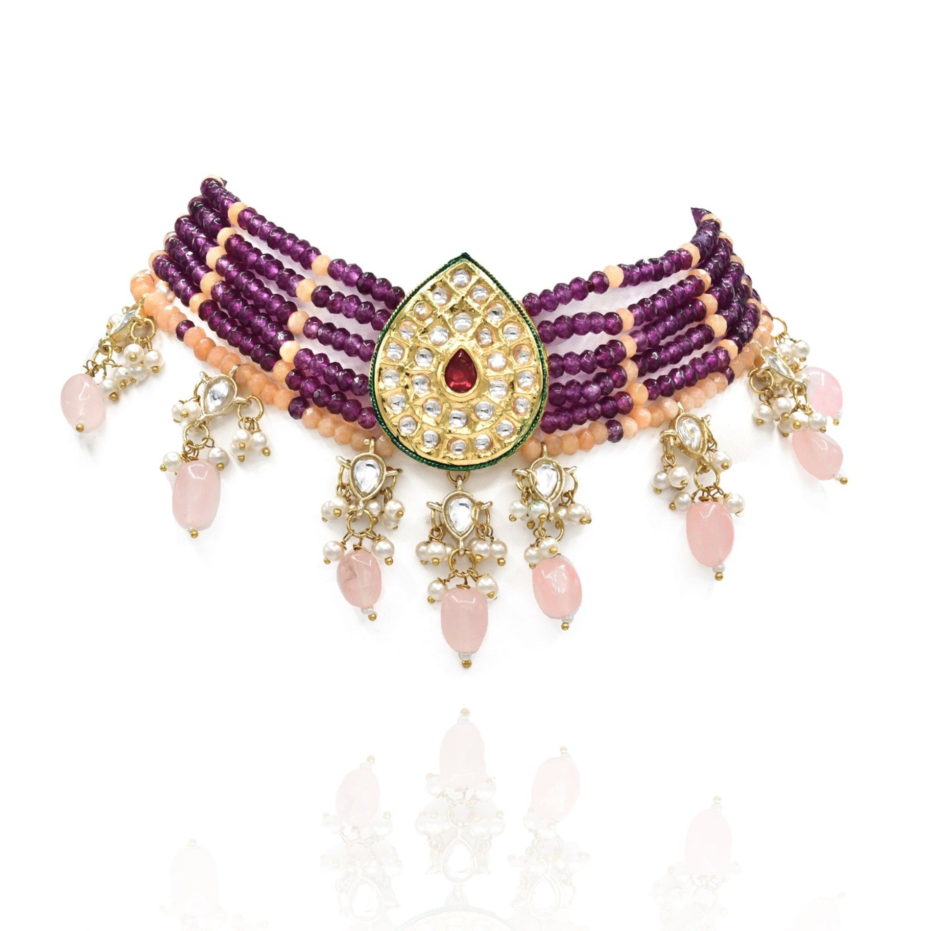 Leena Purple Peach Kundan Choker Set - The Pashm