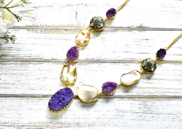 Purple Druzy Tanjore Beads Necklace - The Pashm