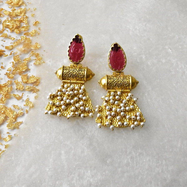 Ramya Carved Stones Pearl Earrings Red - The Pashm