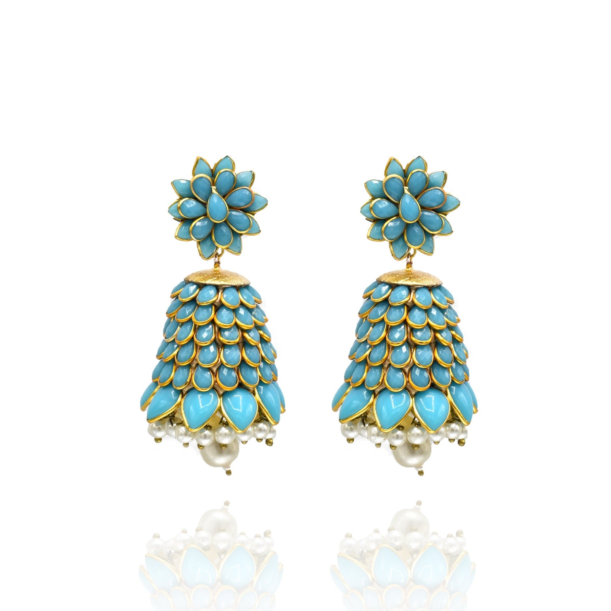 Alia Flower Jhumka Earrings - Blue - the Pashm
