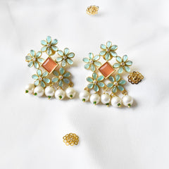 Zenia Flower Studded Bouquet Studs Cyan - The Pashm