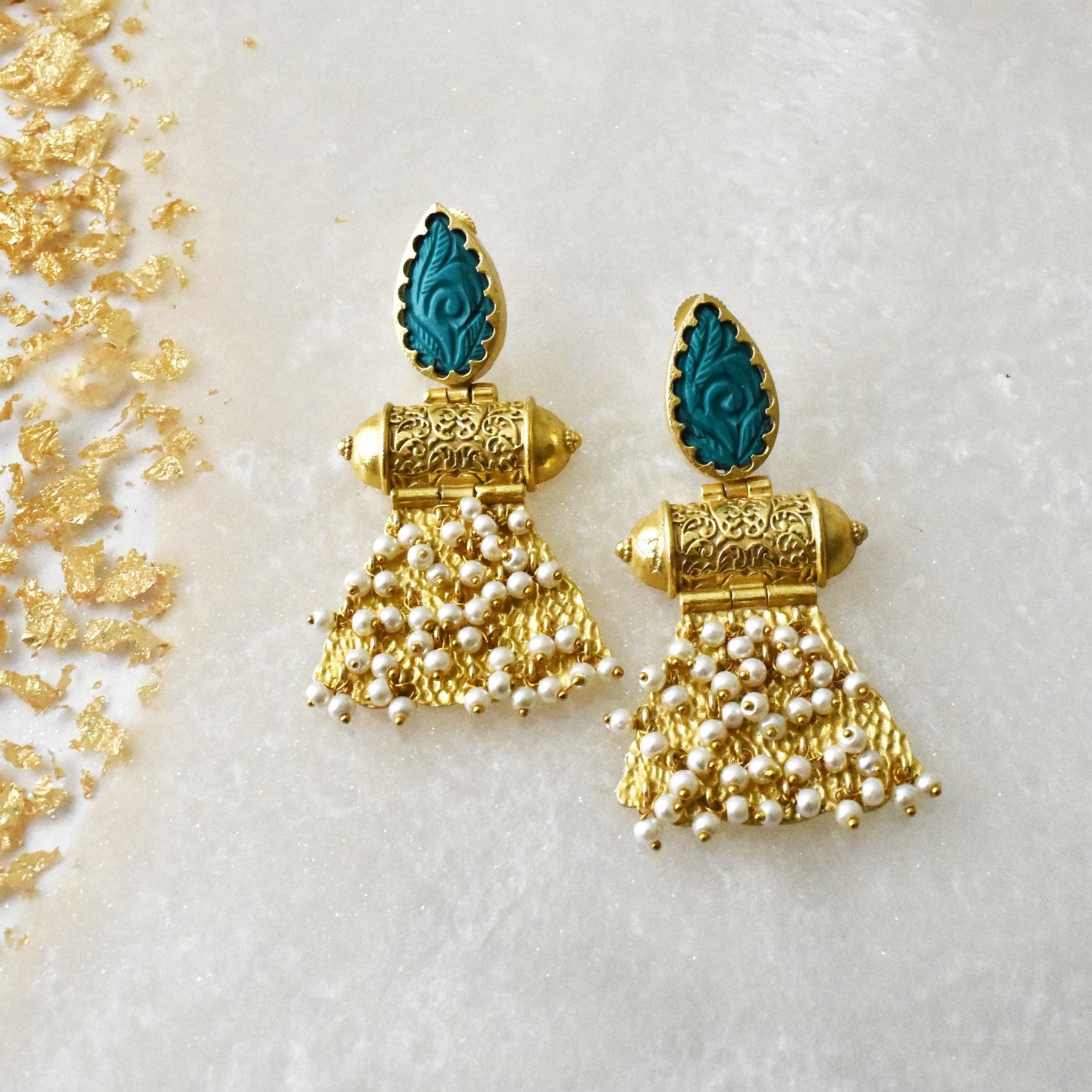Ramya Carved Stones Pearl Earrings Turquoise - The Pashm