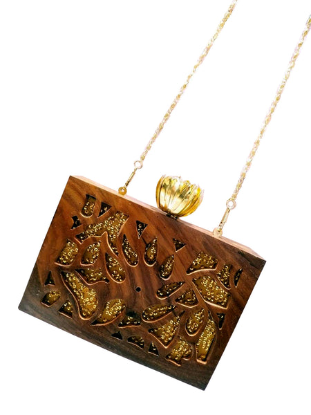Sequin Carved Wooden Bag - The Pashm