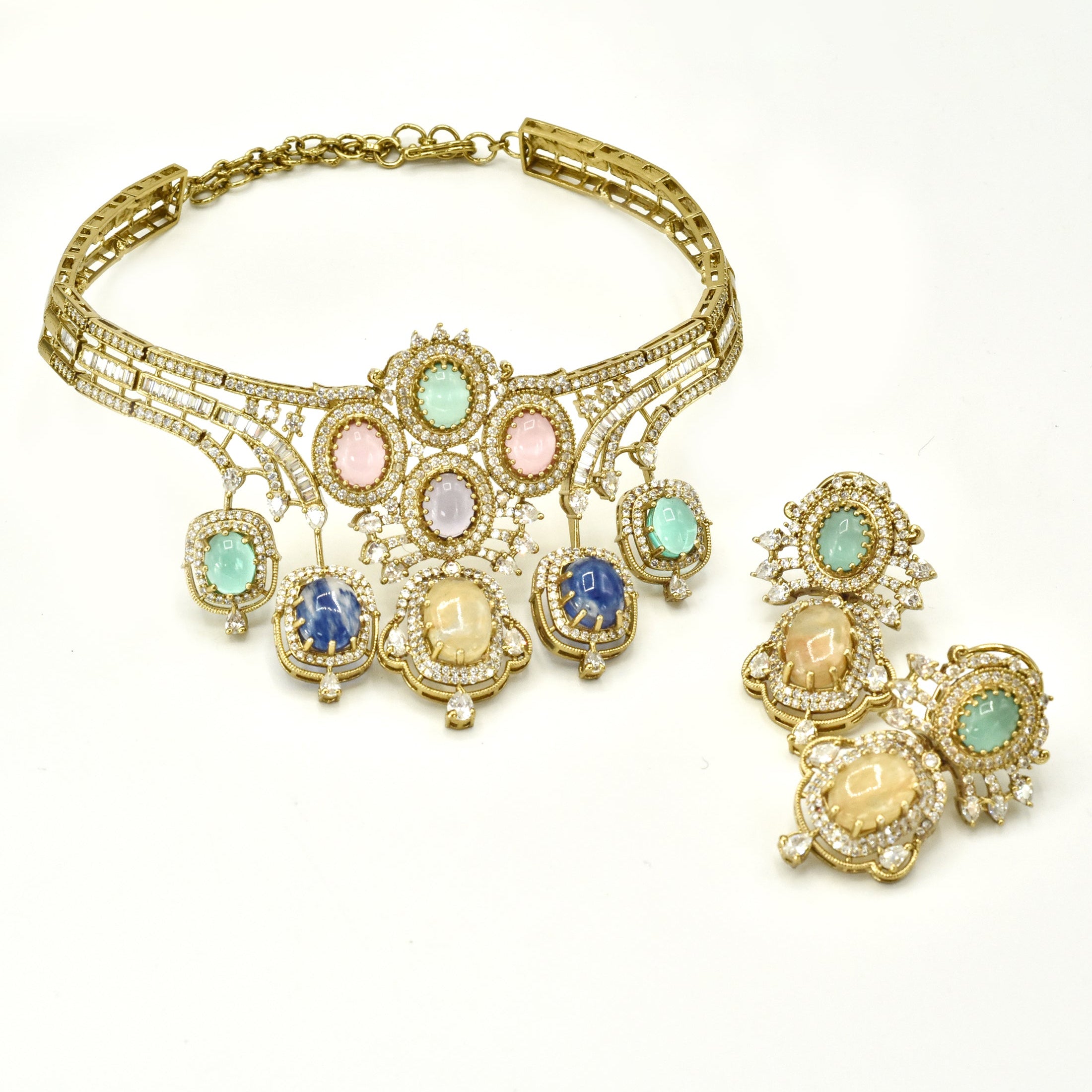 Aarisha Royal Mosaic Multicolor Cabochon Choker with earrings - The Pashm