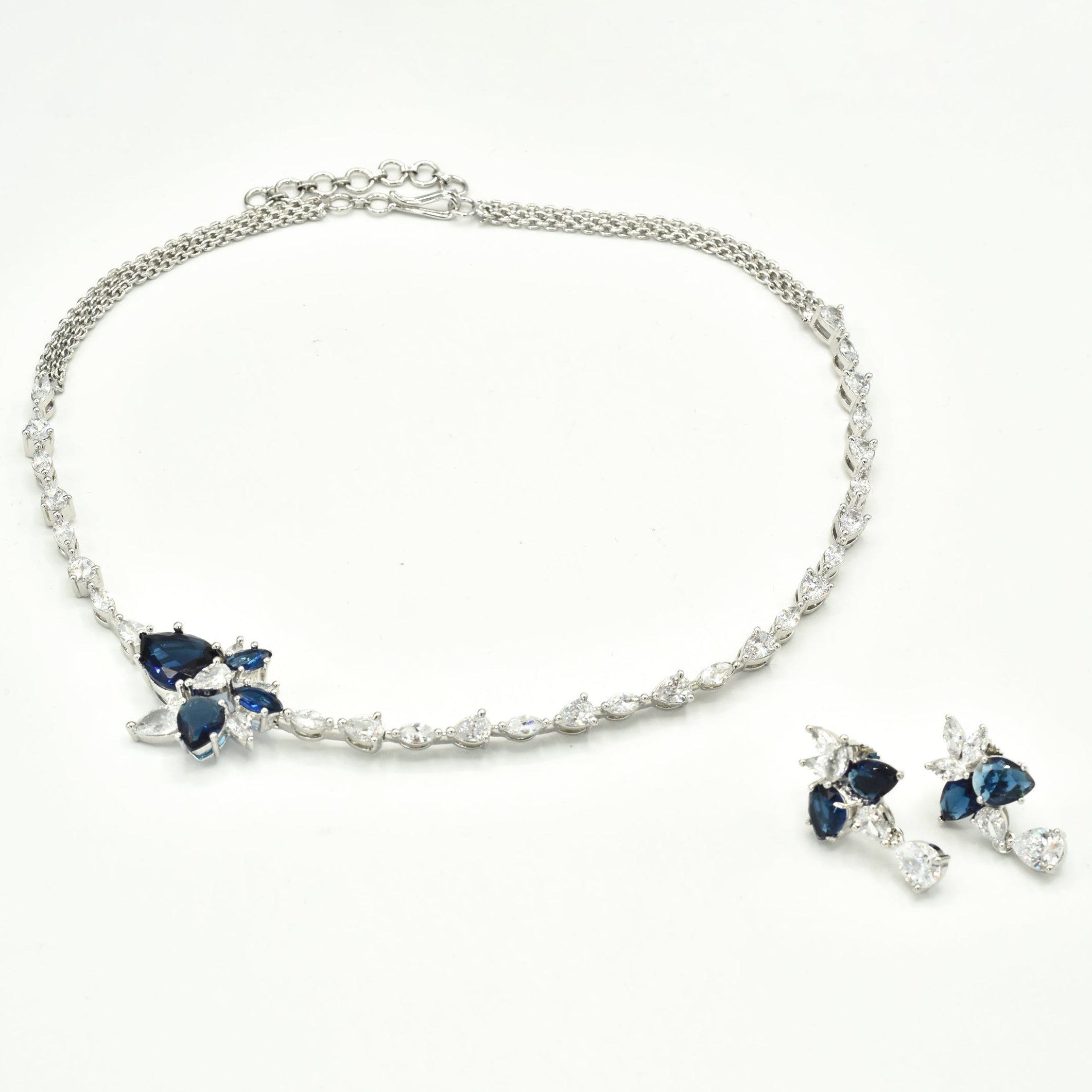 Arohi Blue & White American Diamond Floral Necklace Set with Earrings - The pashm