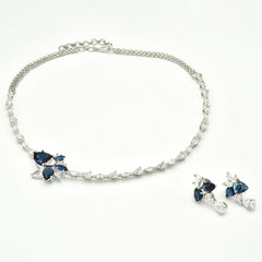 Arohi Blue & White American Diamond Floral Necklace Set with Earrings - The pashm