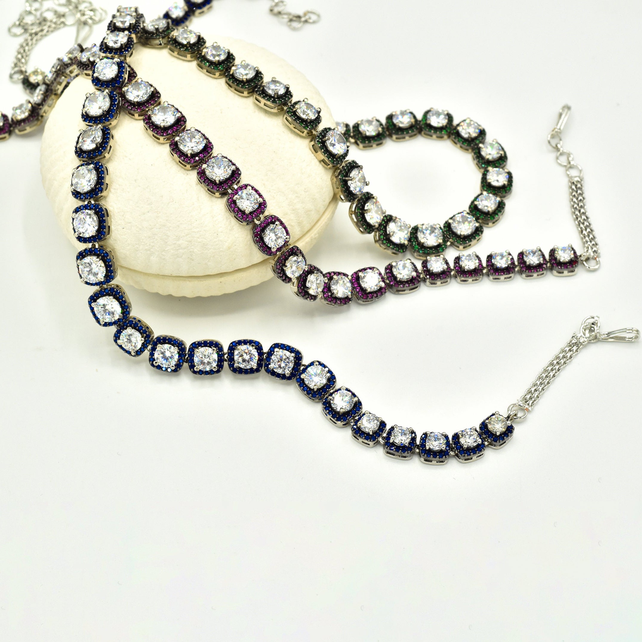 Veya American Diamond Tennis Necklace Set Green Pink Blue - the pashm