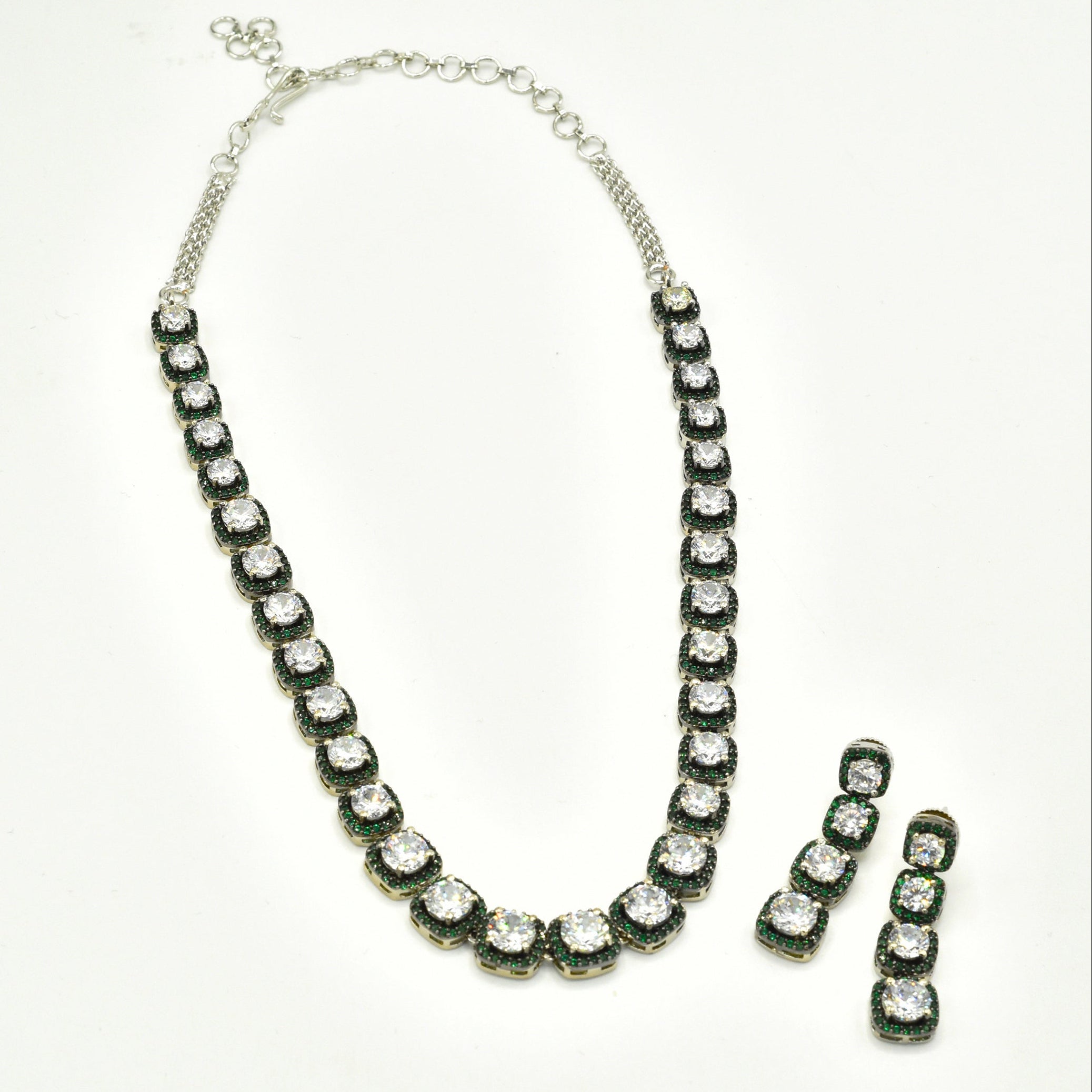 Veya American Diamond Tennis Necklace Set with earrings Green - the pashm