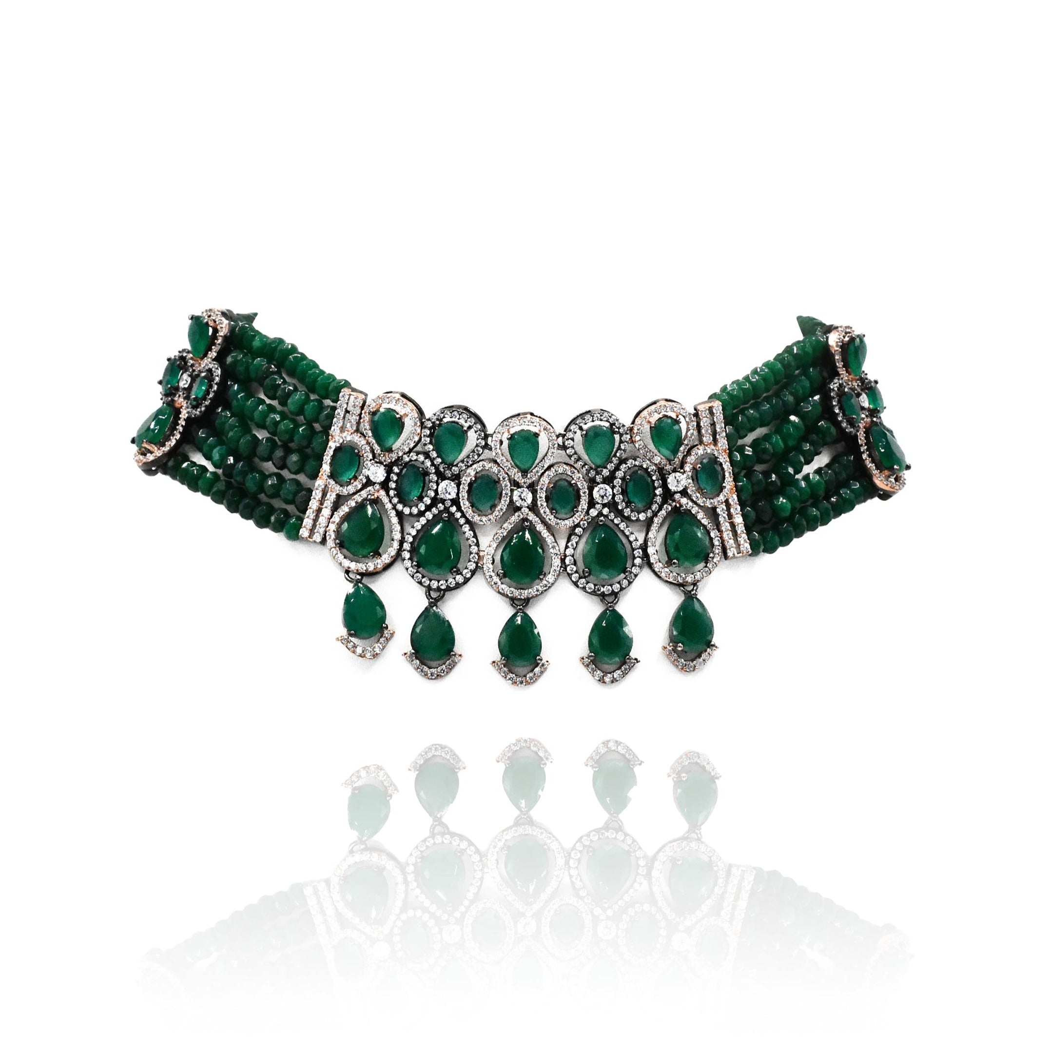 Reeta American Diamond Choker Set Green - The Pashm