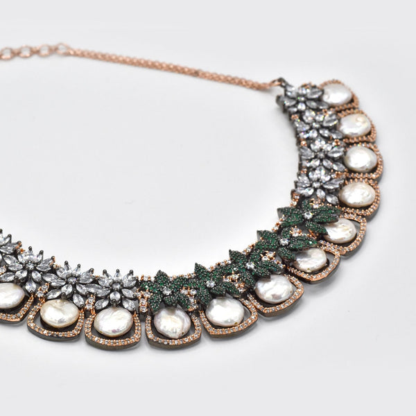 Tashi American Diamond Pearl Necklace Set - Green - The Pashm