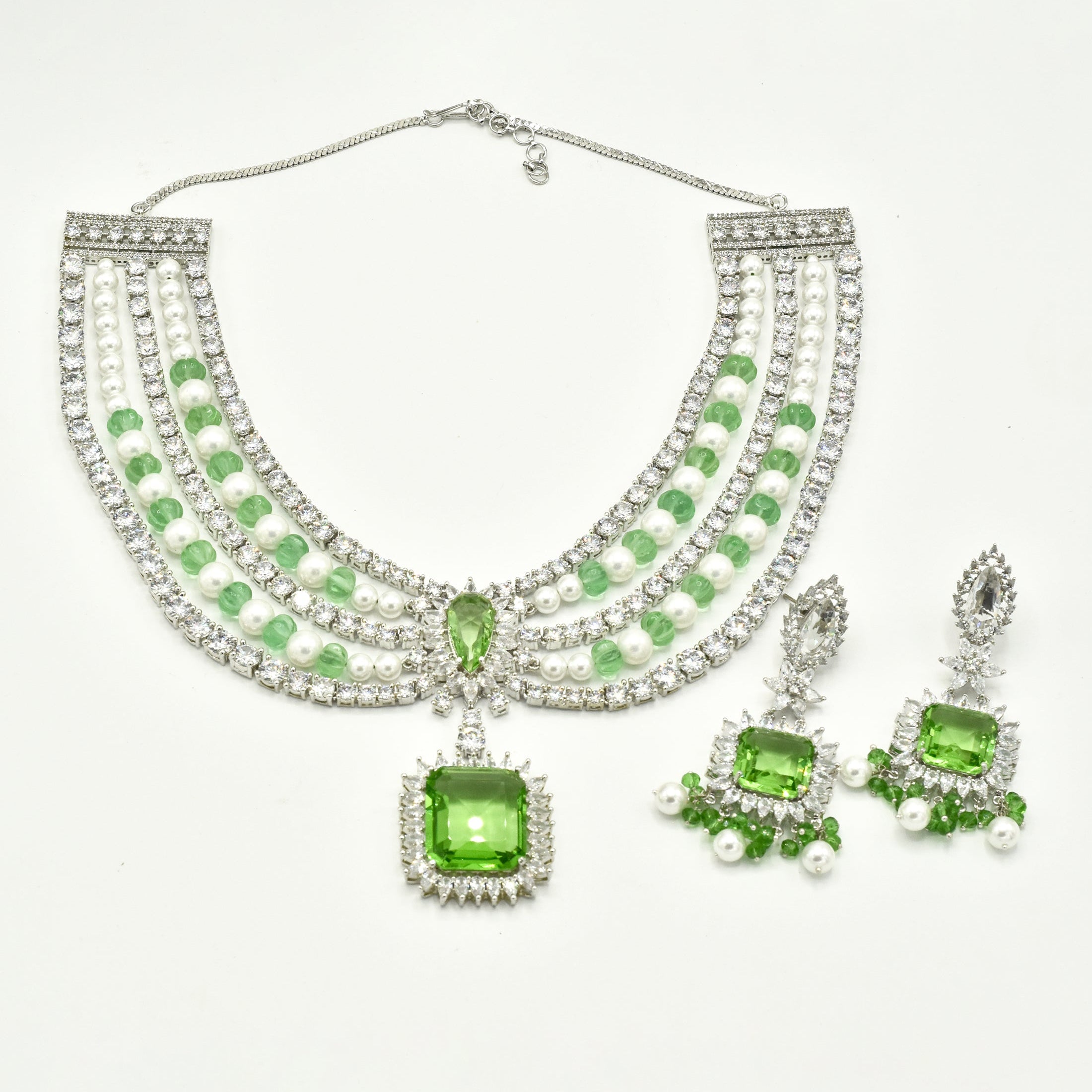 Zarina Layered Pearl & Leaf Green Statement Necklace - The Pashm