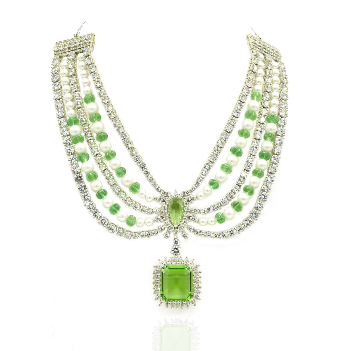 Zarina Layered Pearl & Leaf Green Statement Necklace - The Pashm