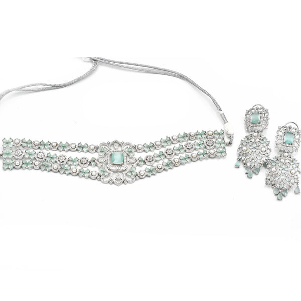 Nargis American Diamond Floral Choker Set Mint - The Pashm